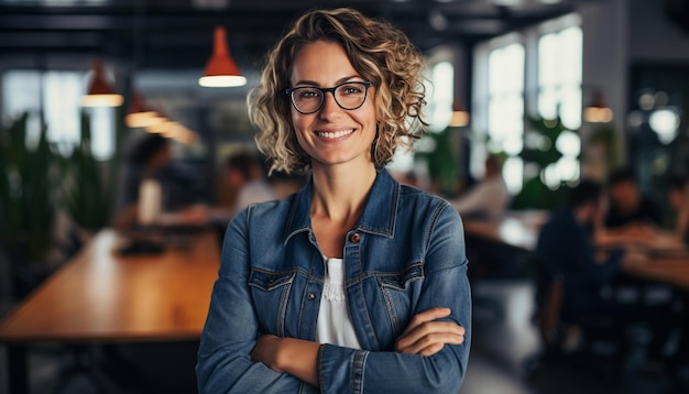 Una giovane donna sicura di sé che sorride, imprenditrice di successo generata dall'ia