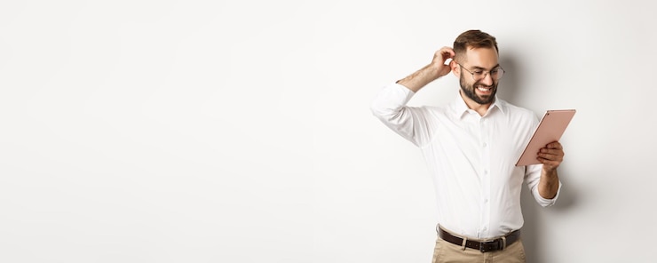 Free Photo confused male manager looking puzzled at digital tablet scratching head doubtful standing over white