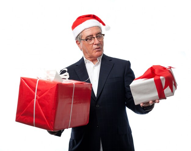 Confused man with two gifts