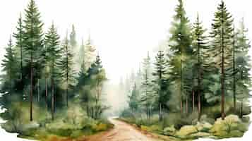 Free photo conifer forest with a path in watercolor clipart style