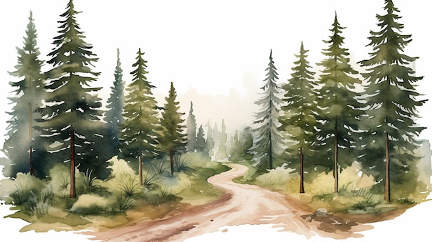 Free photo conifer forest with a path in watercolor clipart style