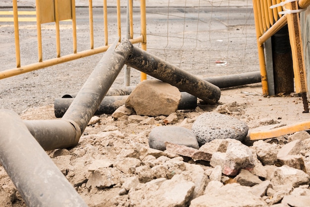 Construction site with old pipes