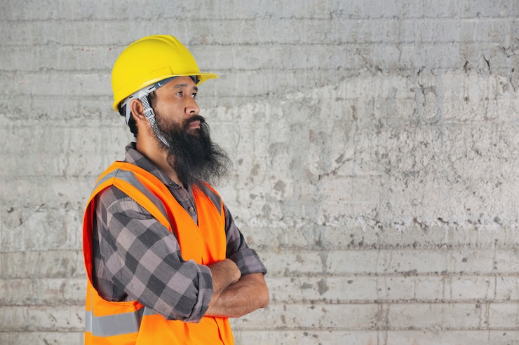 Free Photo construction worker is standing inside and feeling fight for work at construction site. 
