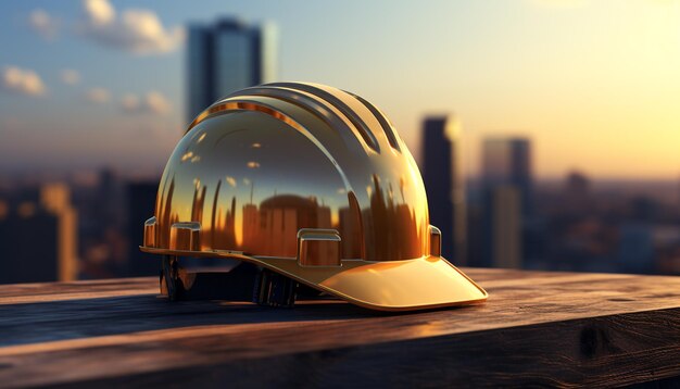 Construction worker wearing hardhat builds skyscraper in city at sunset generated by artificial intelligence