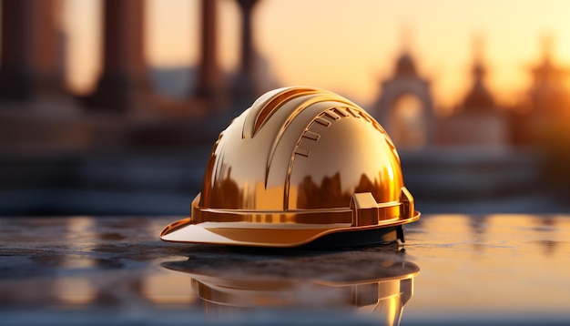 Construction worker wearing a yellow hardhat works at sunset generated by artificial intelligence