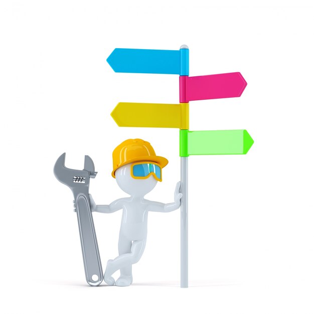 Construction worker with colorful signpost.