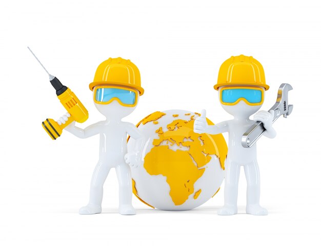 Construction workers with globe