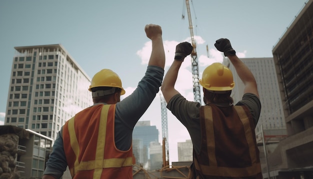 Construction workers in yellow vests and vests raise their hands in the air