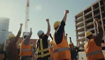 Free photo construction workers in yellow vests and vests raise their hands in the air