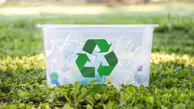 Contenitore con immondizia di plastica in un parco inquinato