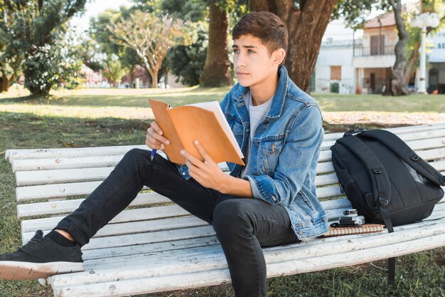 Contemplating teenage boy holding book at park