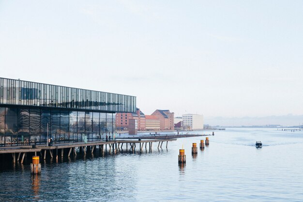 Contemporary buildings on waterfront of river