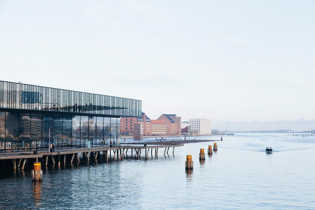 Contemporary buildings on waterfront of river