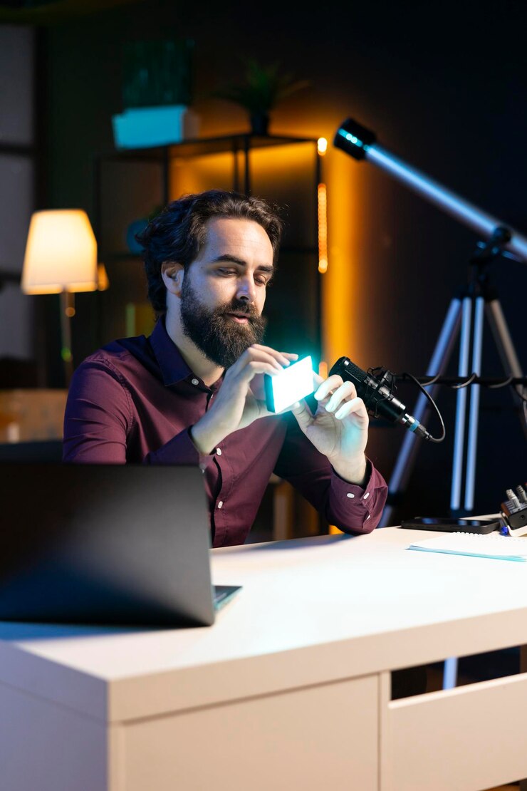 Free Photo content creator discussing with viewers about mini led lights during live broadcast