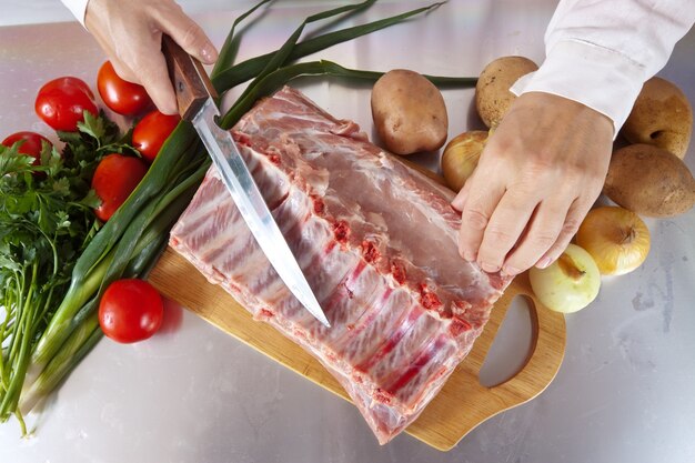 Cook hands with raw meat  