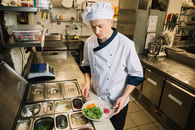 Cook holding plate with ingredients in hands 