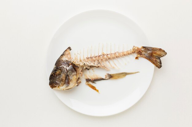 Cooked fish leftovers in a white plate