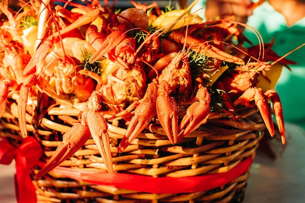 Cooked red crawfish in closeup Prepared lobster in closeup