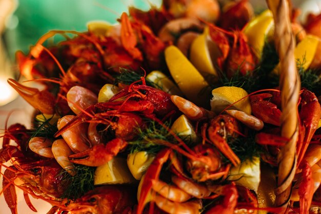 Cooked red crawfish in closeup