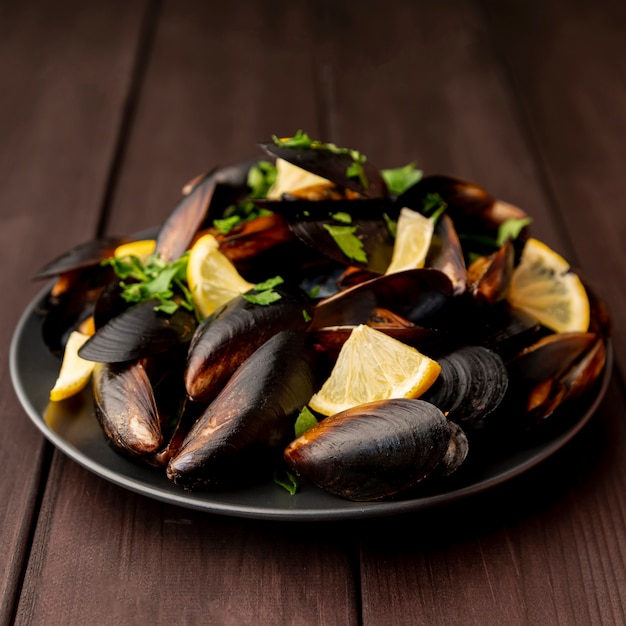 Cooked seafood mussels with herbs