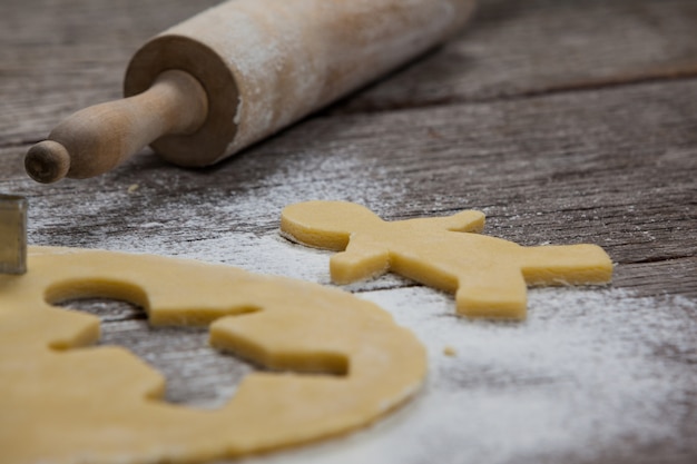 Cookie dough with a rolling pin and flour