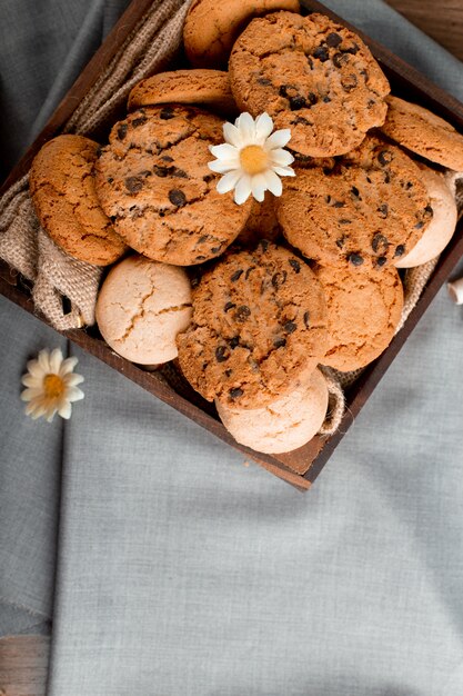Cookie tray on a blue tablecloth.  