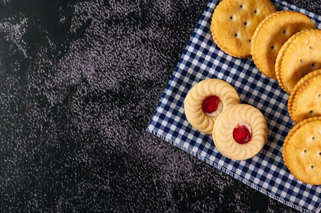 Cookies placed on fabric, taken from top view