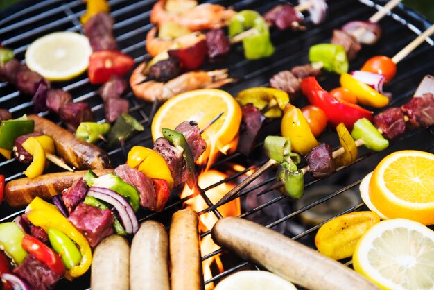 Cooking barbecue on charcoal grill