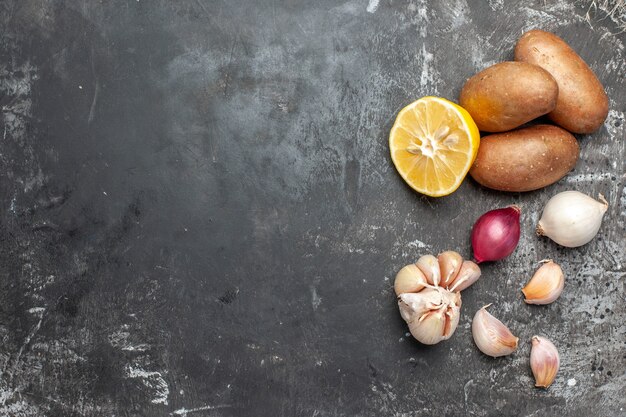 Cooking ingredients including potatoes and garlics