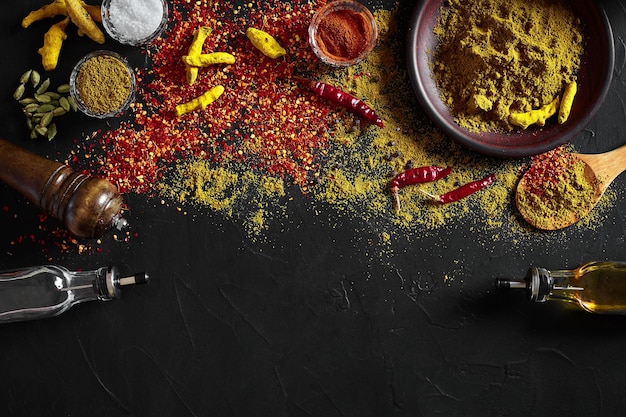 Cooking using fresh ground spices with big and small bowls of spice on a black table with powder spillage on its surface, overhead view with copyspace. Still life. Flat lay. Top view.