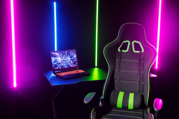 Free photo cool gaming setup with neon lights still life