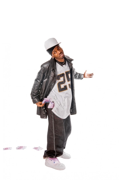 Cool young hip-hop man on white background