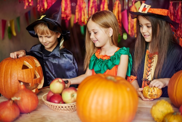 Cooperation during the work on carving a pumpkin