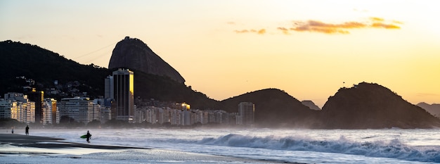 Copacabana beach in Rio de Janeiro with the Sugarloaf mountain at sunset