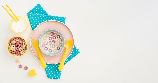 Copy-space bowl with milk and cereals