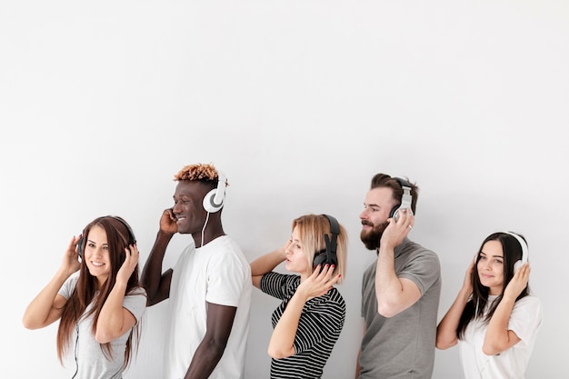 Copy-space friends aligned with headphones