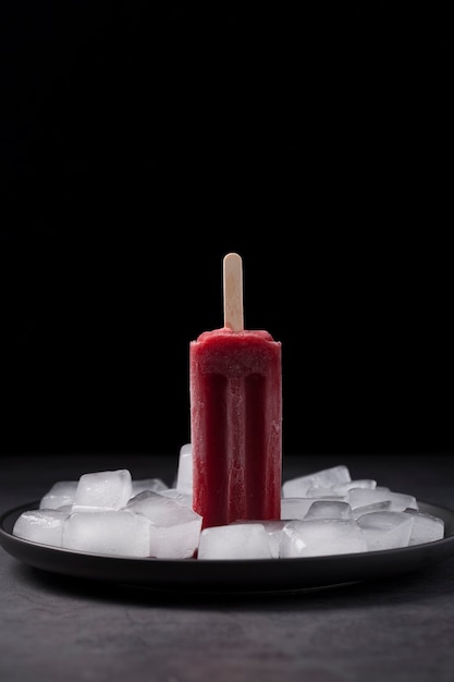 Free photo copy-space ice cream on stick placed on plate with ice cubes