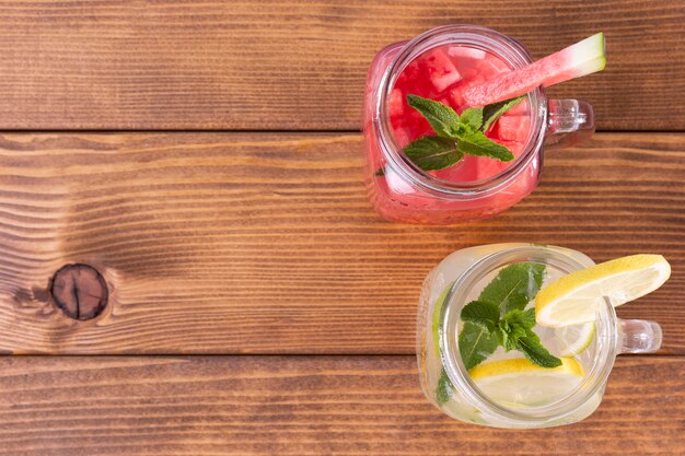 Copy-space jars with fruits flavor drinks