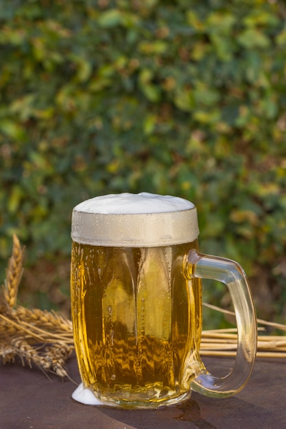 Copy-space pint with foaming beer on table