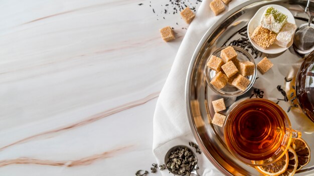 Copy-space tray with tea