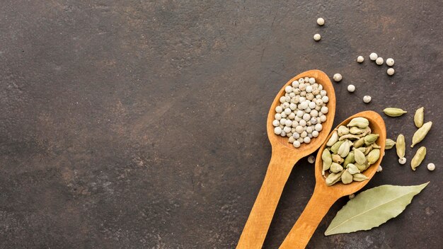 Copy-space wooden spoons with seeds