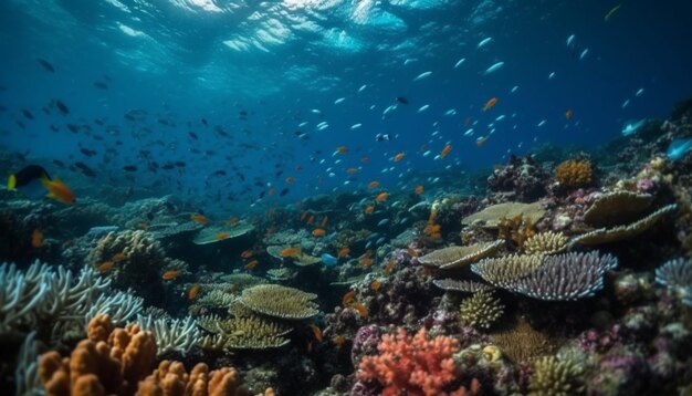 물속에서 물고기가 헤엄치는 산호초.