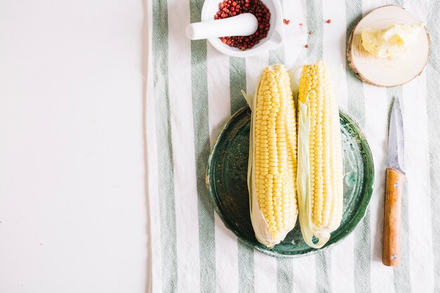 Corn and species on striped cloth