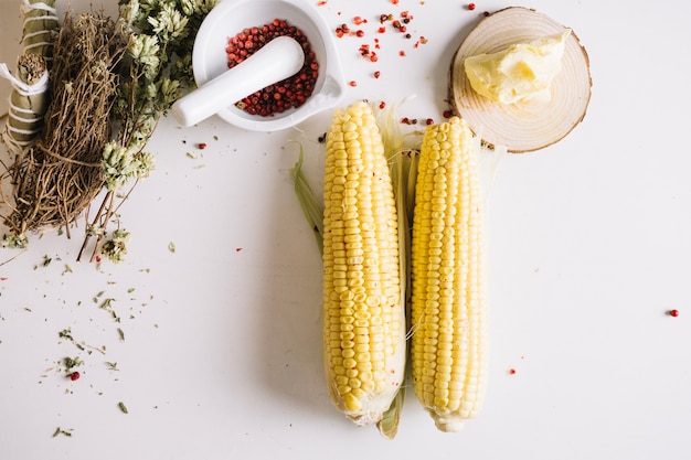 Corn and species on white background