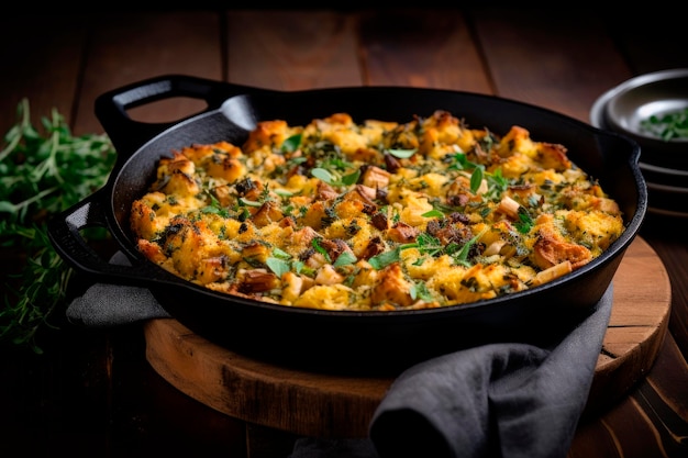 Free photo cornbread oyster stuffing for thanksgiving in iron pan on wooden table