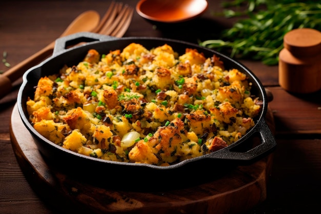 Cornbread oyster stuffing for thanksgiving in iron pan on wooden table