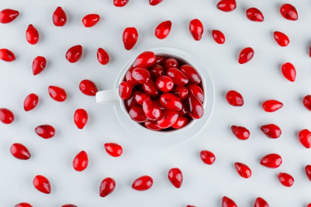 Cornel berries in a cup with saucer top view on white