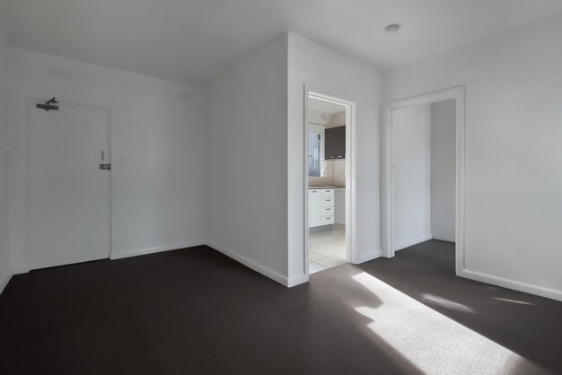 Corner of an empty new room with white walls doors and black floor