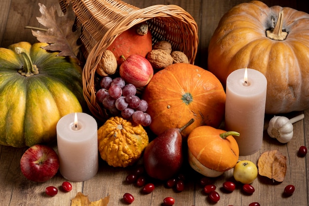 Cornucopia arrangement with delicious foods