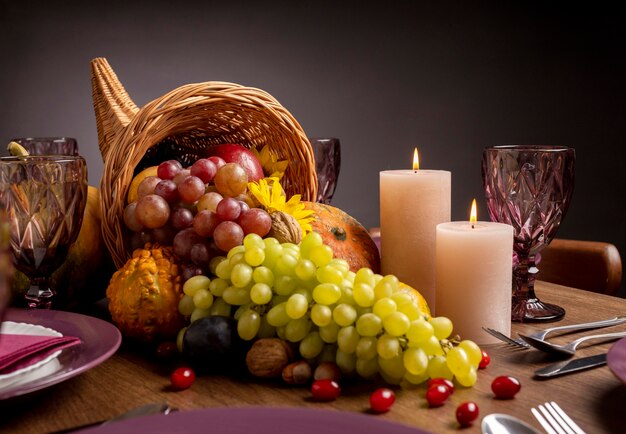 Cornucopia arrangement with delicious foods